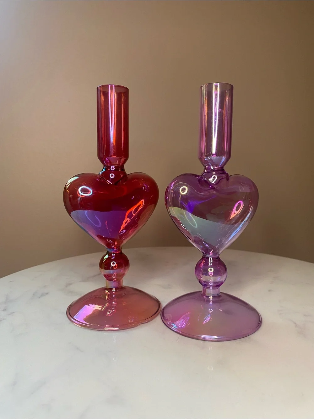 (2) Glass Heart Tapered Candle Holders